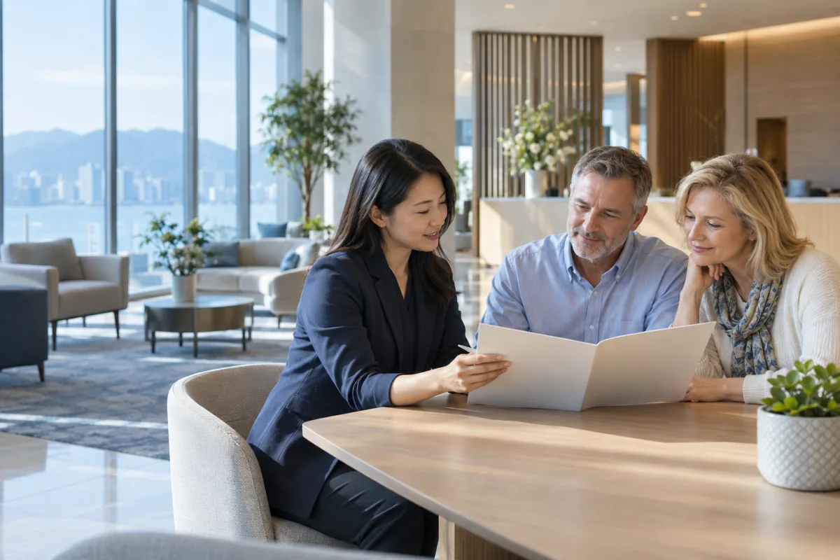 Coordinator and an international couple reviewing a folder