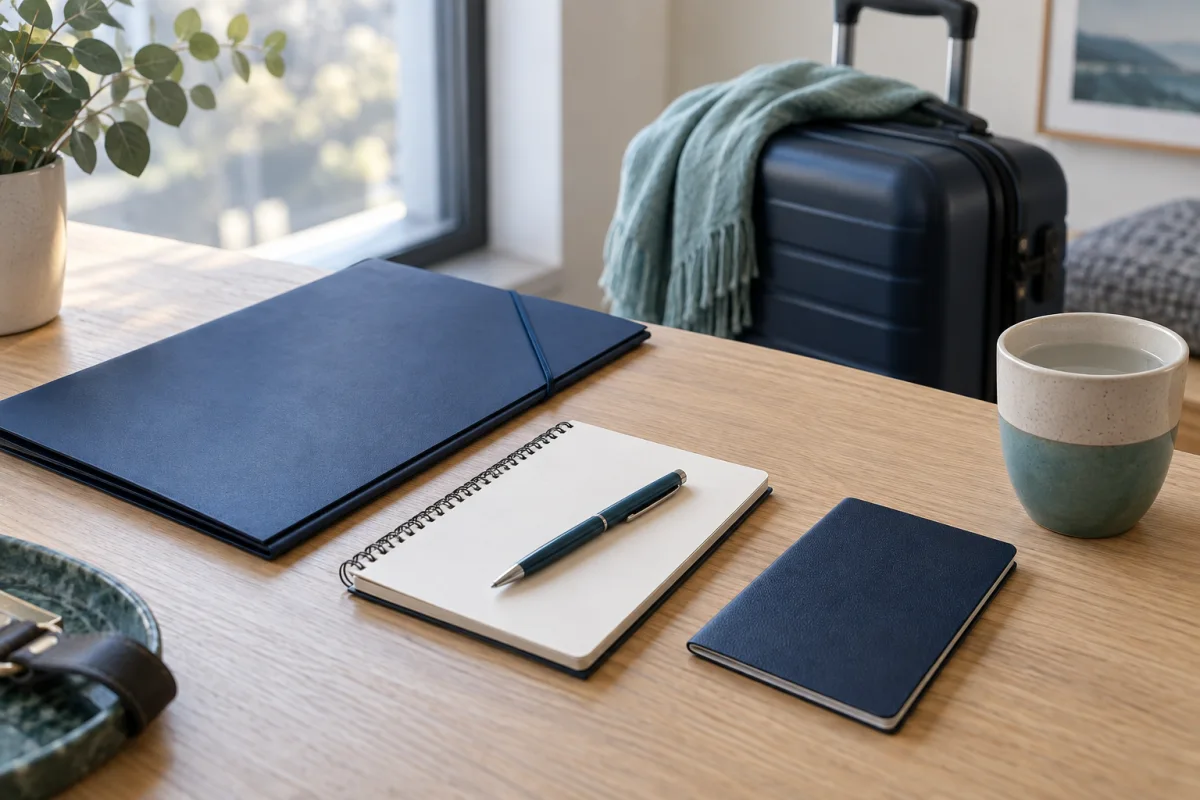 Folder, notebook and luggage prepared for a visit